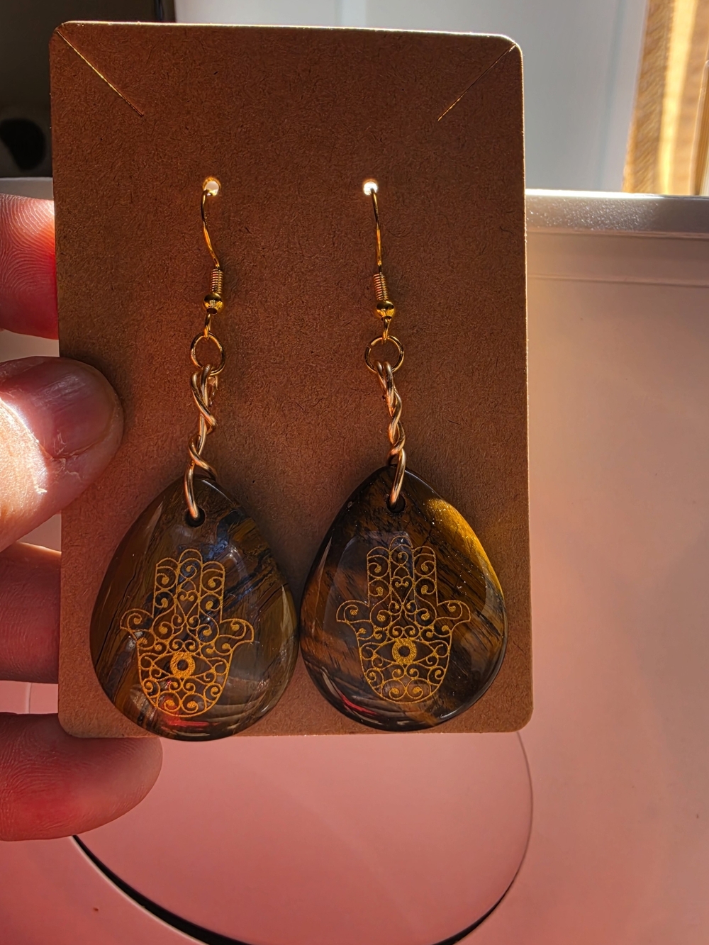 Gold Hamsa Tiger Eye Teardrop Dangle Earrings - Brown